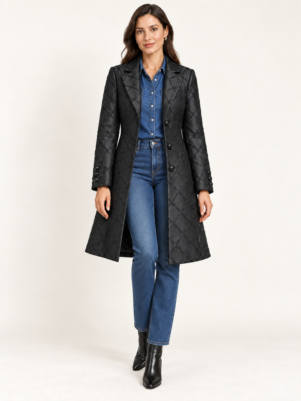 E3 by Etcetera Black Quilted Diamond Pintuck A-Line Trench Coat Jacket Size 0